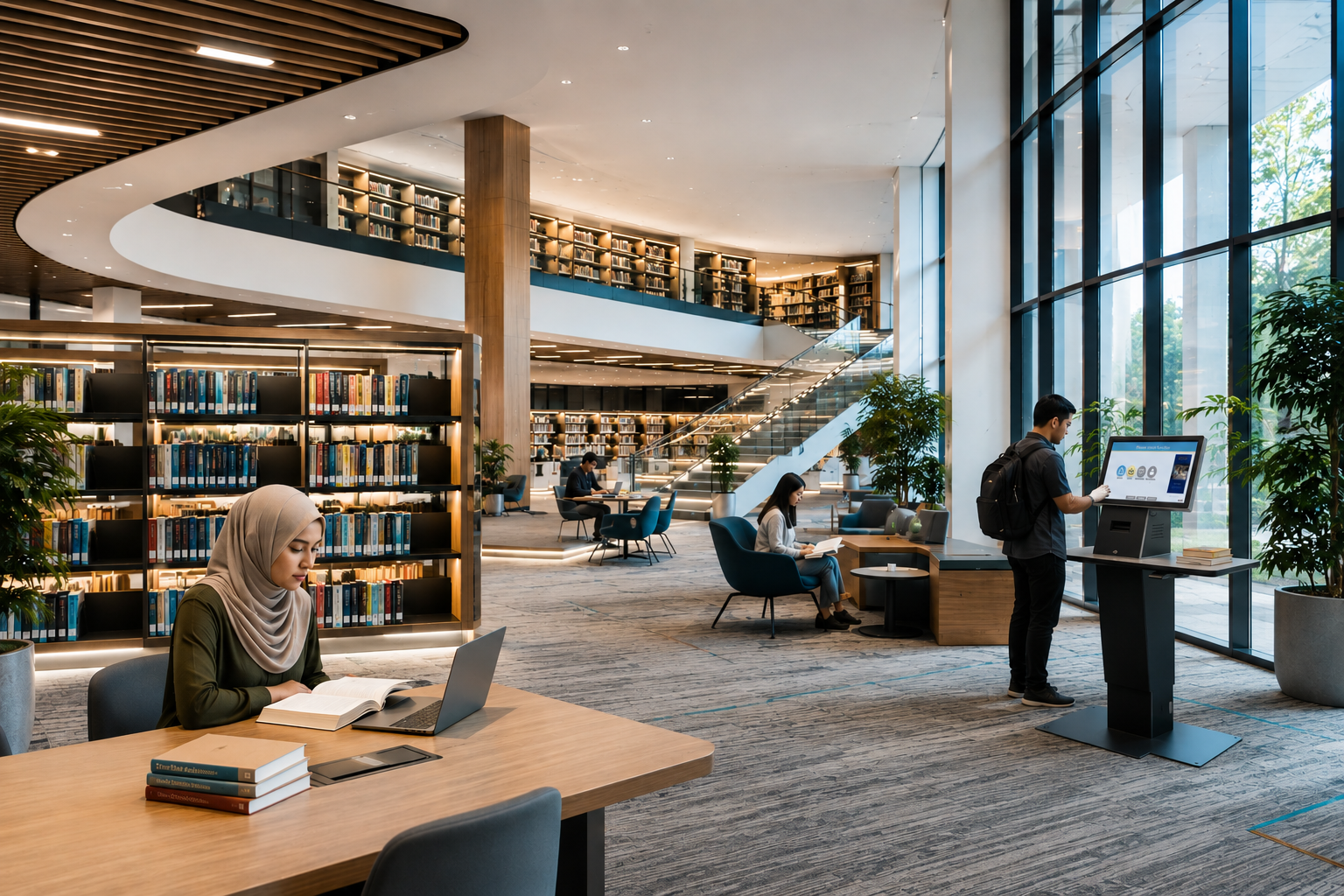 Modern library with self-service kiosk and reading areas